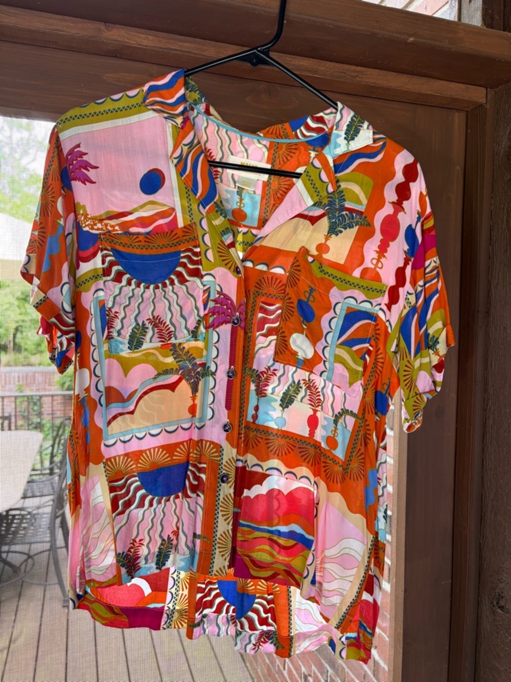 Anthropologie Multicolor Abstract Print Short Sleeve Button-Up Top